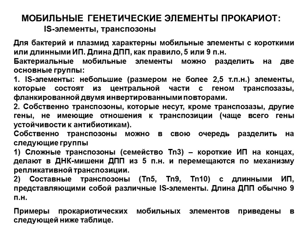 МОБИЛЬНЫЕ ГЕНЕТИЧЕСКИЕ ЭЛЕМЕНТЫ ПРОКАРИОТ: IS-элементы, транспозоны Для бактерий и плазмид характерны мобильные элементы с